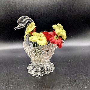 Vtg Hand Blown Stretched Spun Glass Swan Flower Basket Miniature Figurine VGC